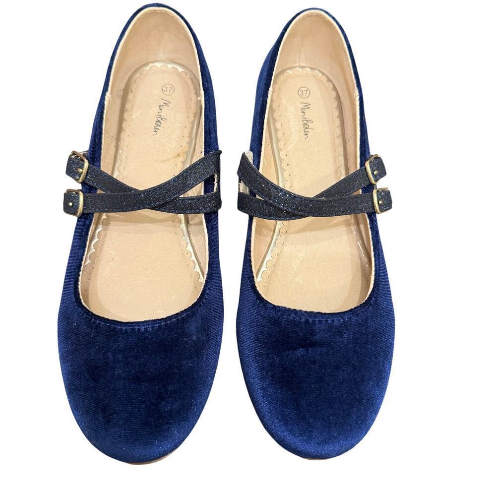 Mini Boden Blue Velvet Maryjane Flats Size 37 Shimmer Glitter Glam